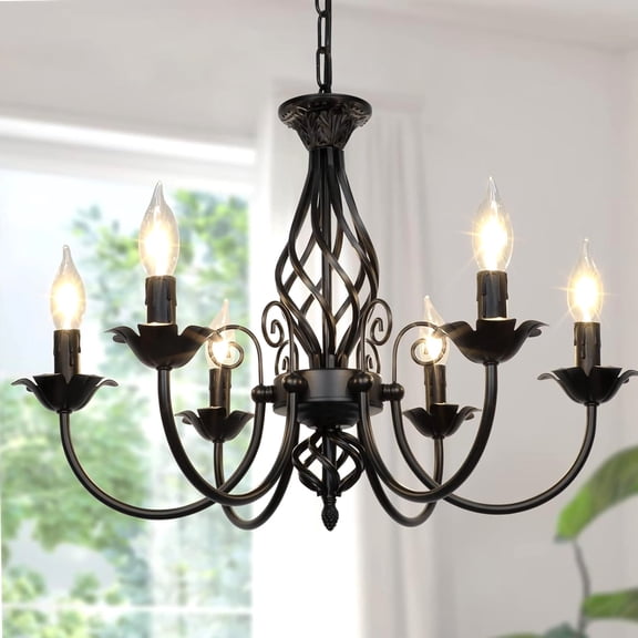 22" Matte Black 6 Light with Farmhouse Candle Chandelier for 22, Warm White, Daylight White