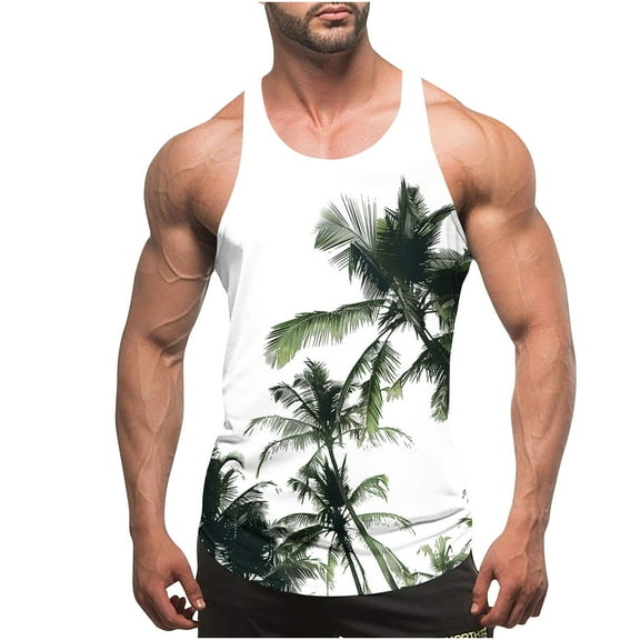 Gifts for Men! Titcea Tank Tops Men Palm Tree Printed Round Neck Sleeveless Thin Strap Leakage Back Shirts Hawaiian Beach Holiday T Shirts Summer Casual Tank Top