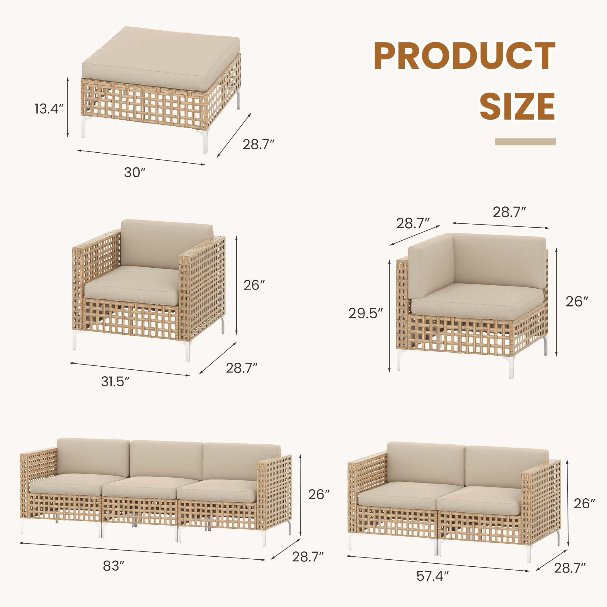 YODOLLA 8-Piece Patio Furniture Set, Boho Style Rattan Wicker Sectional Sofa Couch Outdoor Conversation Set with Table In Beige
