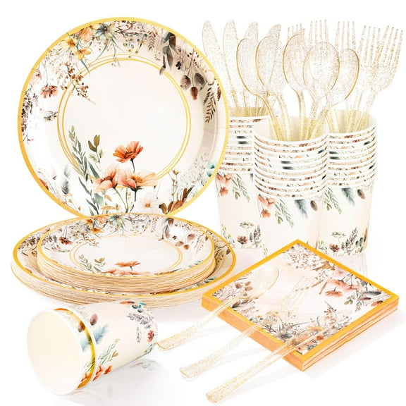 Spring Wildflower Party Decorations,Wildflower Birthday Decorations,Floral AFN1Paper Plates Napkins Sets- Plates,Cups,Napkins,Cutlery for Baby Shower Birthday Bridal Shower Decorations,Serves 24
