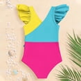 thumbnail image 5 of YTCAMLO Little Girls One Piece Swimsuits Summer Fashion Color Block Patchwork V Neck Ruffle Sleeve Bathing Suits Quick Dry Beach Swimwear, Yellow 7-8 Years, 5 of 8