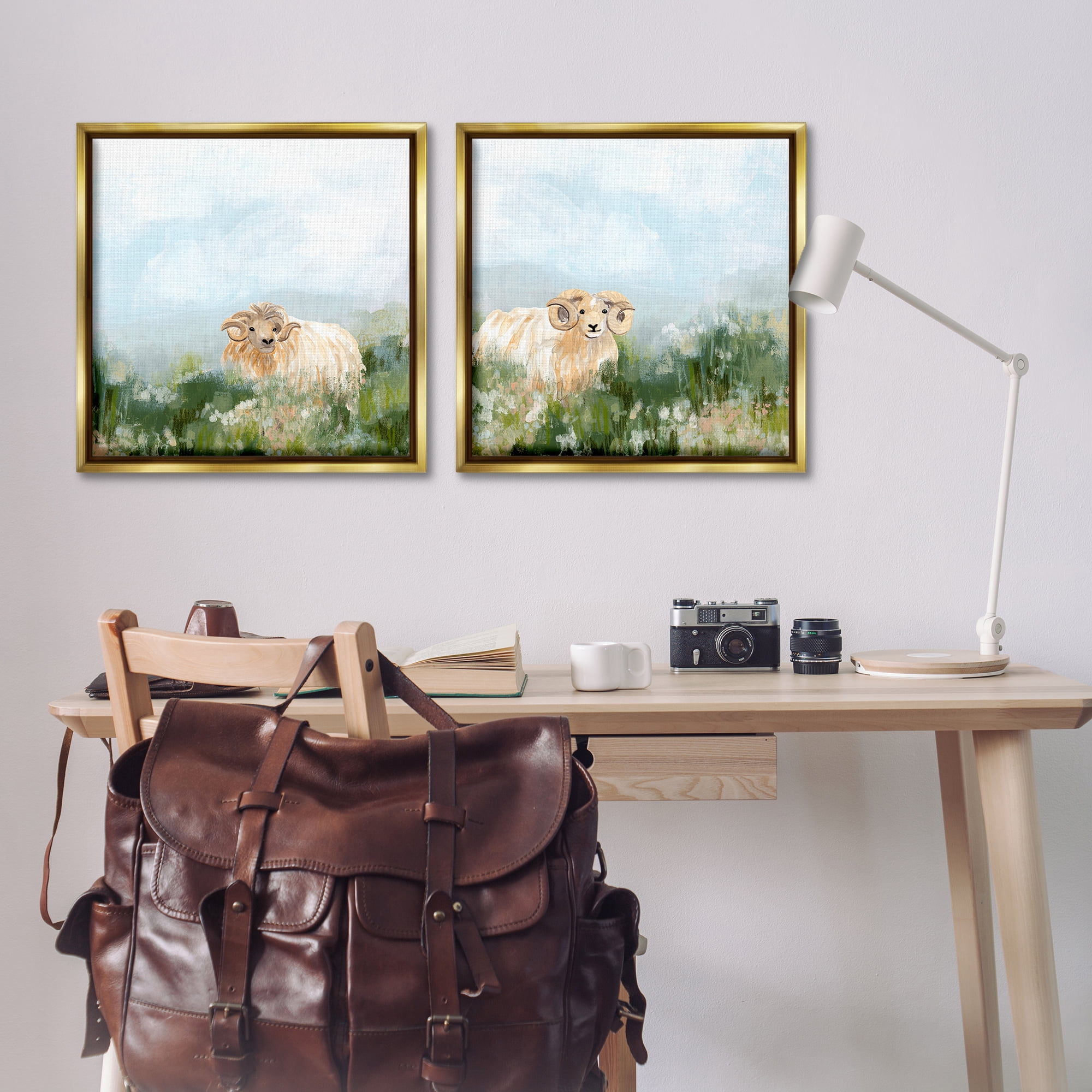 Stupell Industries Curly-Horned Sheep Field Animals Painting Gold Floater Framed Canvas Art Print Wall Art, 25 x 25, Set of 2