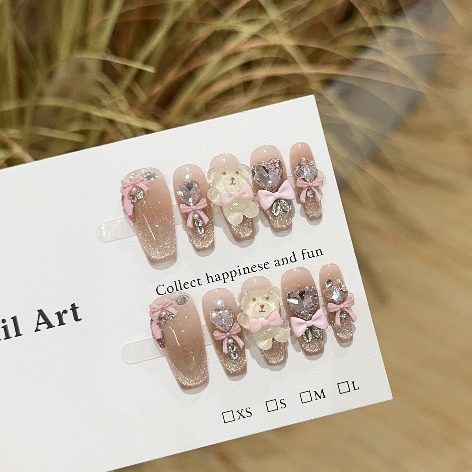 Purely handmade wearing nail advanced sense gold cat's eye nail art piece pink blush nail bear love fake nail patch