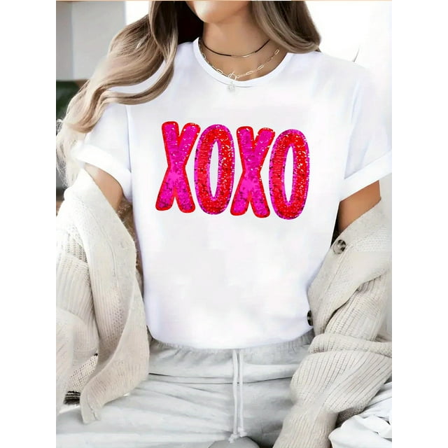 Women's Valentine's Day XOXO Glitter Print T-Shirt Casual Bohemian Style, Crew Neck, Short Sleeve