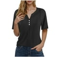 thumbnail image 2 of YHAJDS Short Sleeve Tops for Women V Neck Button Down Puff Sleeve Solid Color Blouse Loose Summer Top, 2 of 5