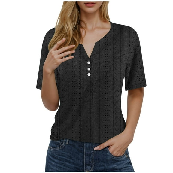 Tops For Women Trendy Sevevn Women's V-Neck Button Solid Color Short Sleeve T-Shirt Loose Top