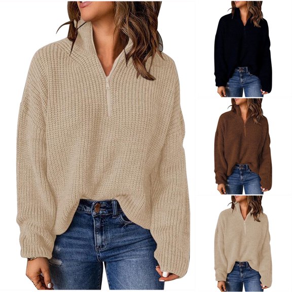 LOVZFMLL Sweaters for Women Acrylic V-Neck Ribbed Pullover Solid Color Half-Zip Casual Fashion Loose Tops Warm Fall Winter Clothes