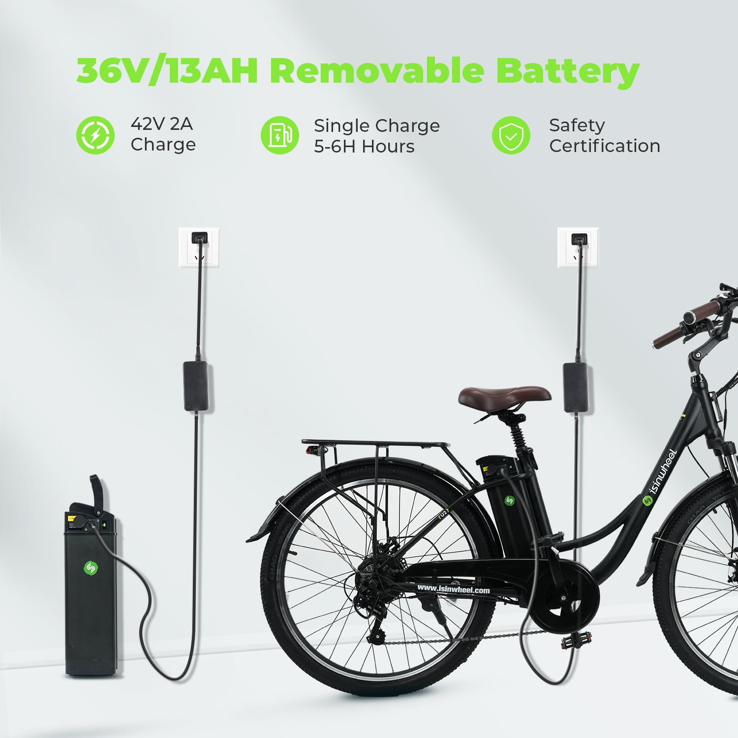 isinwheel 26'' Electric Bike for Adults, 350W Electric Cruiser Bicycle up to 45 Miles, Removeable Battery, 7-Speed and Shock Absorber Commuter E-Bike