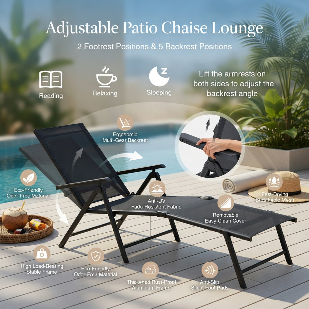 Hommoo 2-Pack Foldable Chaise Lounge Chair with 5-Position Reclining Backrest & 2-Position Adjustable Footrest, Heavy-Duty Steel Frame Patio Lounger for Poolside, Garden & Deck, Black