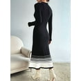 thumbnail image 6 of Women'S Color Block Striped Hem Long Sleeve Sweater Dress Pleated A-Line Swing Ribbed Knit Long Dress Black S, 6 of 8