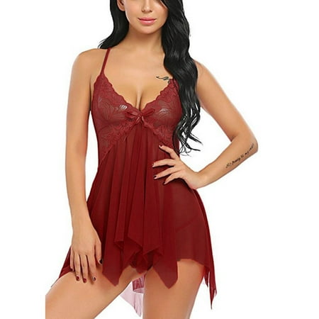 

Knosfe Sexy Lace Chemise Bodysuit for Women Floral Sleepwear Eyelash Lingerie Women Deep V Nightgown Babydoll