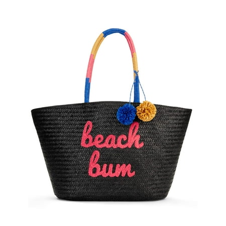 Time & Tru Black "Beach Bum" Large Straw Tote