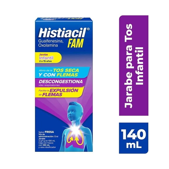 Jarabe Histiacil FAM Infantil, Sabor Fresa 2 a 15 Años 140 ml. Acción 3 en 1.