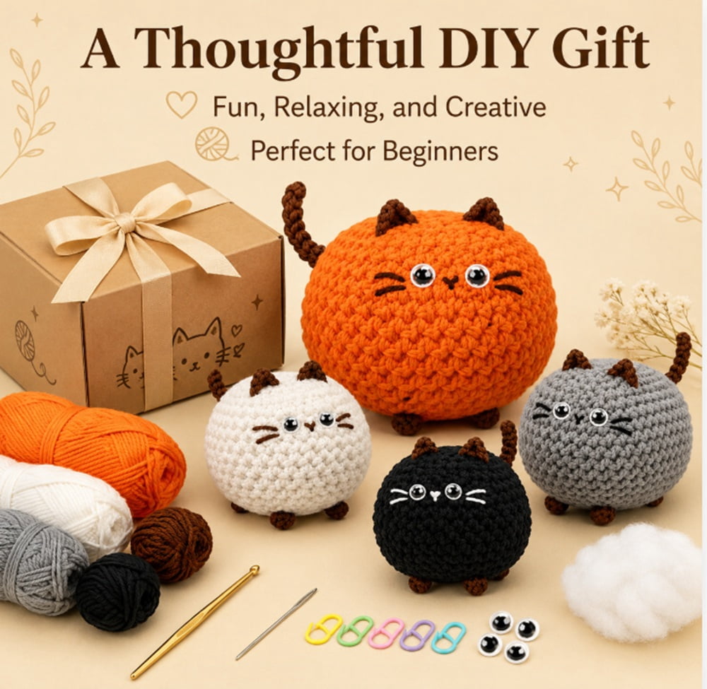 4 Pack Cat Family Crochet Kit for Beginners, Cat Amigurumi Starter Set with Step by Step Video Tutorials, TIKA