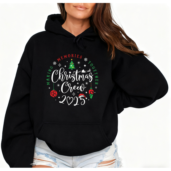 Women's Black 2025 Christmas Crew Graphic Print Hoodie "Making Memories Together" Holiday Casual Sweatshirt Design Tops S-2XL