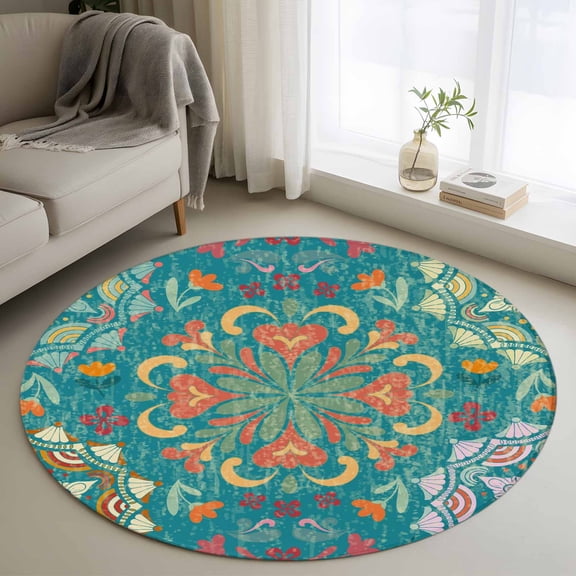 Round Rugs 4Ft, Green Boho Round Area Rug Washable Indoor Throw Carpet, Shabby Vintage Ethnic Abstract Floral Art Soft Non Slip Circle Rug for Kitchen Nursery Room Home Decor Aesthetic