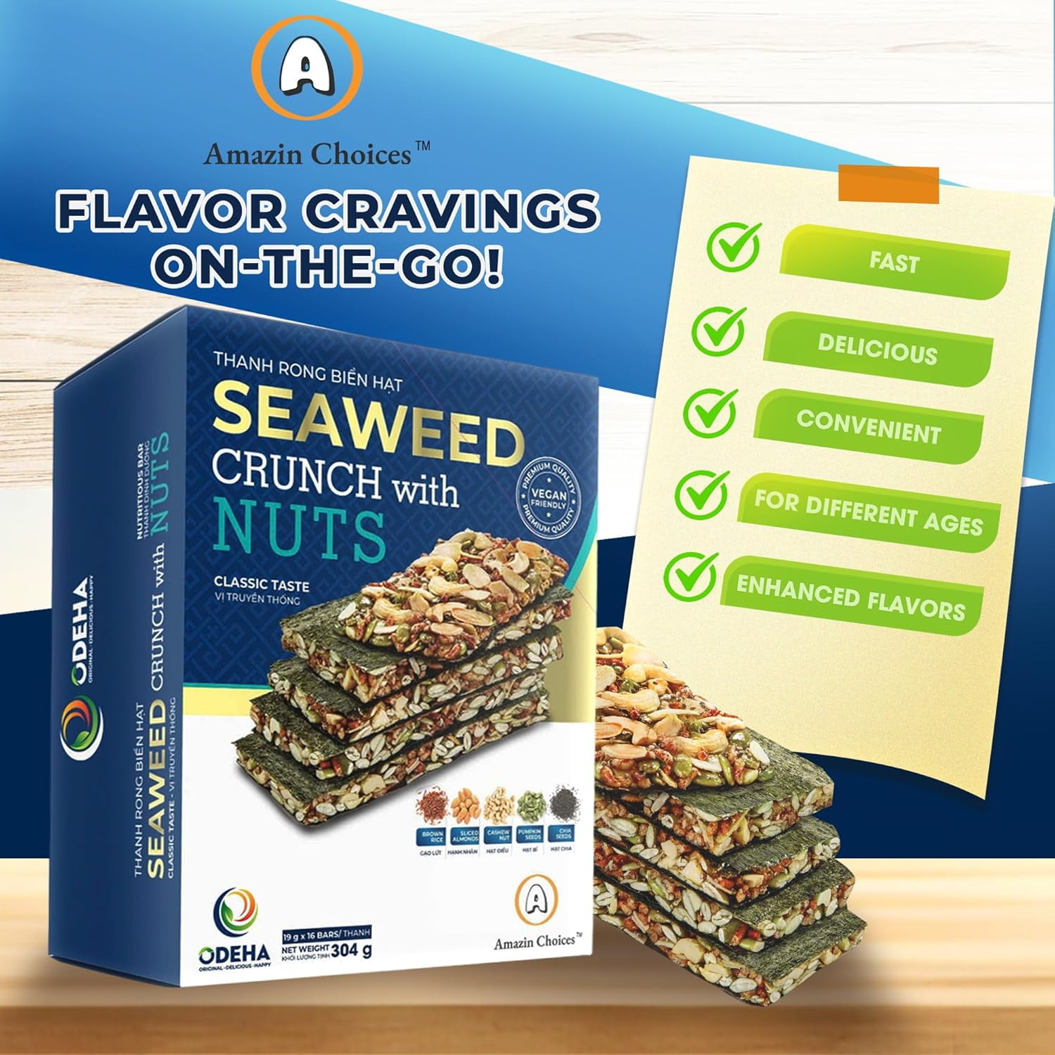 Amazin Choices Seaweed Crunch with Nuts, Classic Taste, Seaweed Sandwich, Seaweed Snack 16-pack ( Paper Box )