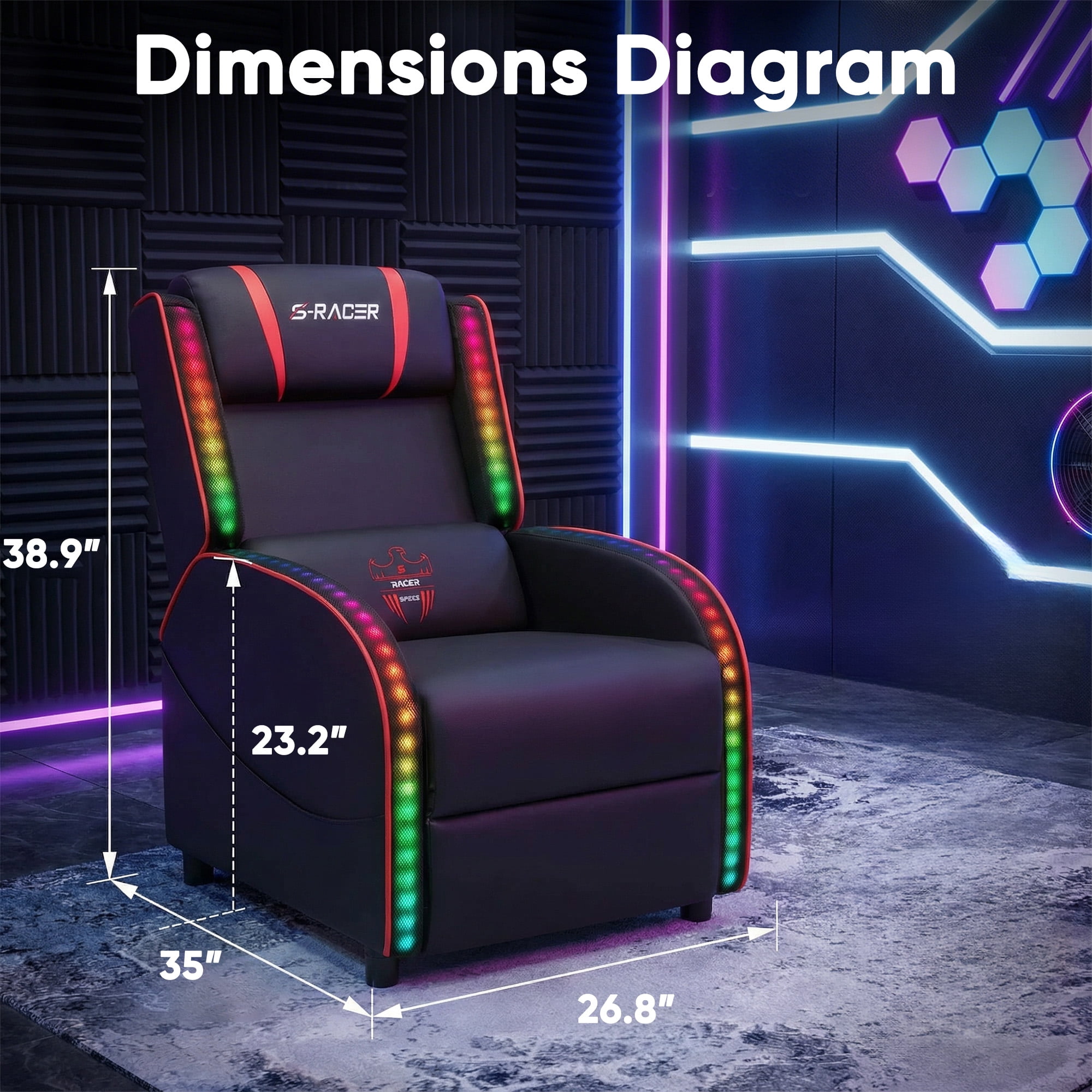Homall RGB LED Lights Gaming Massage Recliner Chair Racing Style Single Living Room Sofa Ergonomic Home Theater Seating with Massage Lumbar Support, Red