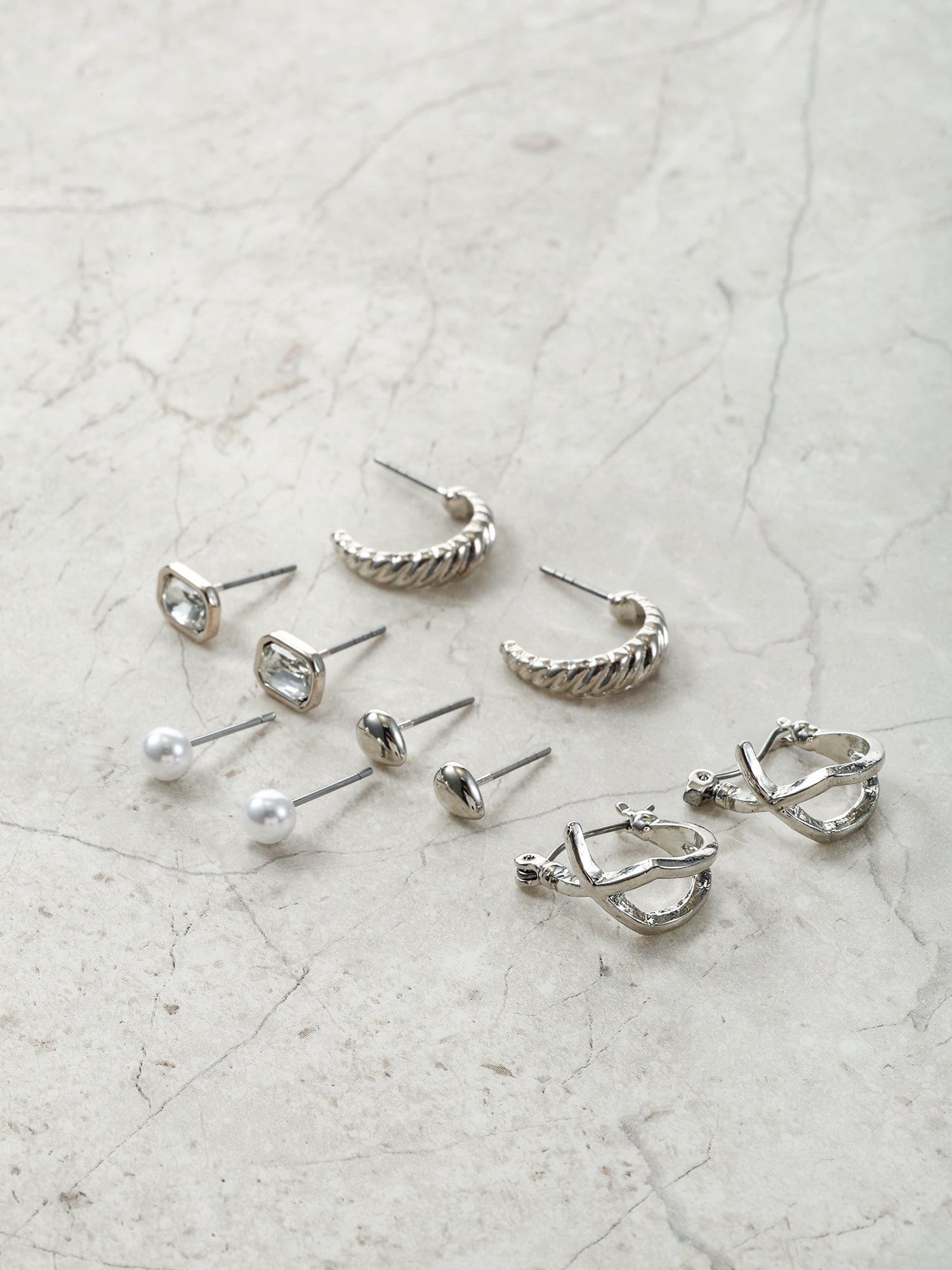 Time and Tru Silvertone Multi Earring Set, 5 Pairs, Initial X