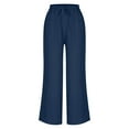 thumbnail image 5 of Wyobmus Womens Summer Trendy Linen Pants Solid Color Drawstring Elastic High Waist Casual Trousers Lightweight Side Eyelet Wide Leg Cropped Pants Navy, 5 of 5