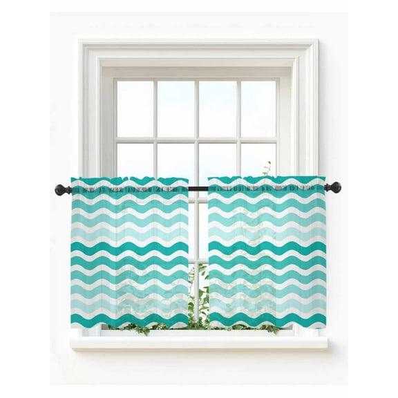 Turquoise Striped Ombre Tier Curtains 36 Inch Length,Sheer Curtains for Bedroom Living Room,Geometric Modern Gradient Ocean White Rod Pocket Voile Drapes Kitchen Window Curtains 27.5"x36" 2 Panels