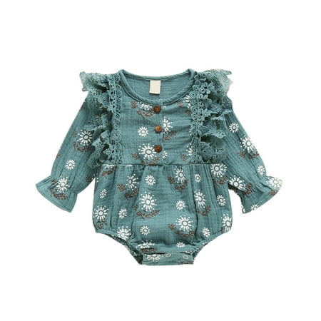 

Penkiiy Infant Baby Girls Long Sleeve Lace Ruffles Floral Print Bodysuit Romper Clothes Newborn Baby 6-9 Months Green 2023 Summer Deal