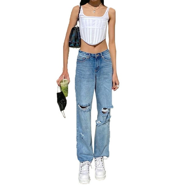 Pantalones de mezclilla rasgados sueltos casuales de las mujeres Pantalones vaqueros anchos desgastados de la pierna XBTCLXEBCO Azul, Medianaediana
