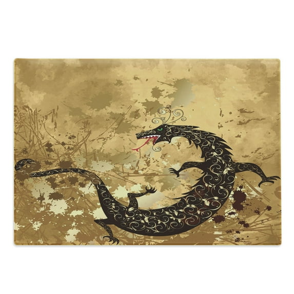 Dragon Cutting Board, Reptile Dragon Grunge Floral Ornate Retro Image, Decorative Tempered Glass Cutting and Serving Board, Large Size, Pale Caramel Sand Brown, by Ambesonne