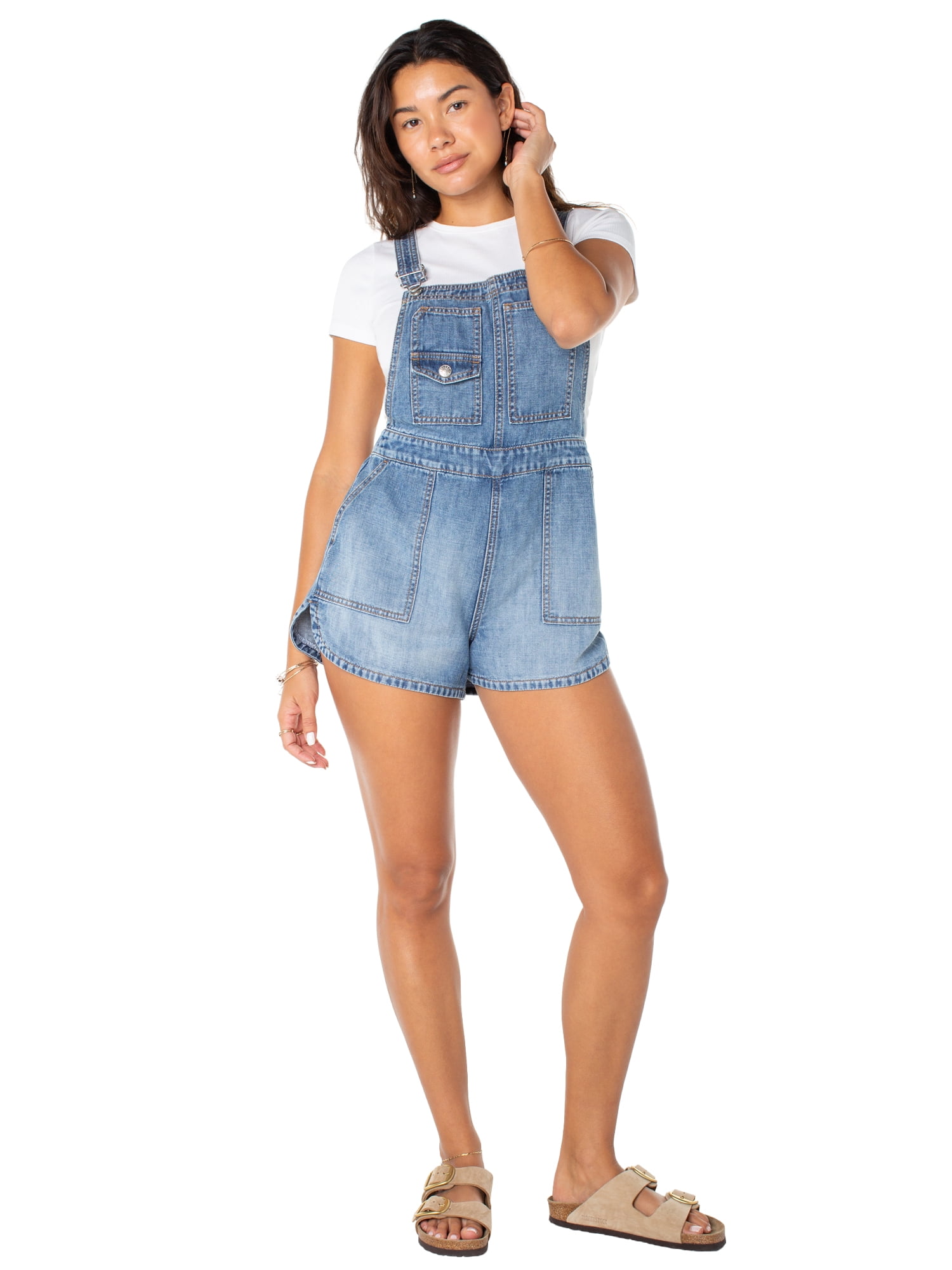 Celebrity Pink Women's Drapey Denim Dolphin Hem Shortalls, Sizes XS-XXXL