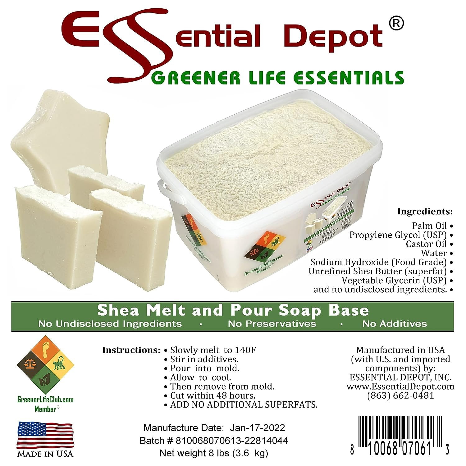 Essential Depot Shea Melt & Pour - 8 lbs Shipped in a safety-sealed square pail with resealable lid and removable handle