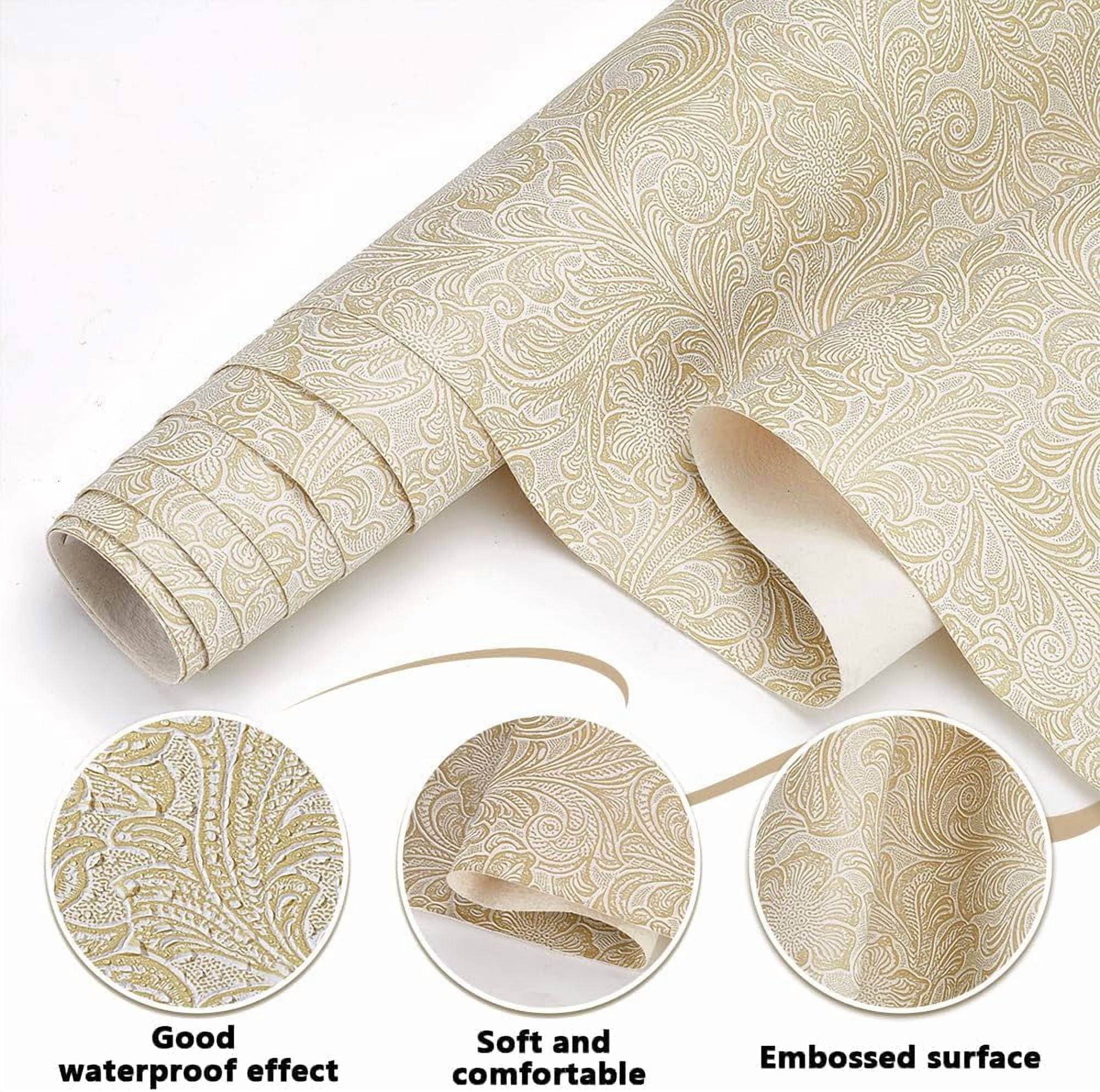72x55 Inch Faux Leather Fabric 0.5mm Thick Embossed Leather Sheets Vintage Floral Synthetic Repholstery Leather Vinyl Textured Leather Rolls for DIY Sewing Crafts Making Floral White