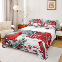 Feelyou Christmas Robin Bird Queen Sheet Sets, Western Rustic Cabin Flat Sheet, Winter Festival Queen Fitted Sheet, Ultra Soft Bedroom Decor, 4 Pieces