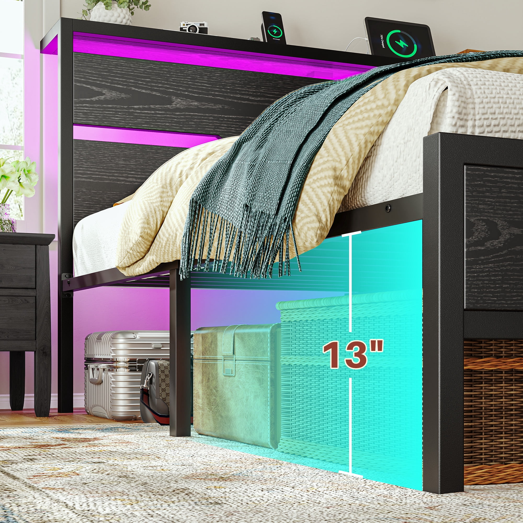 EnHomee Queen Size Metal Bed Frame with Storage Metal Bed Frame with Headboard & Charge Station & LED Lights & 13" Under-Bed Storage, Black