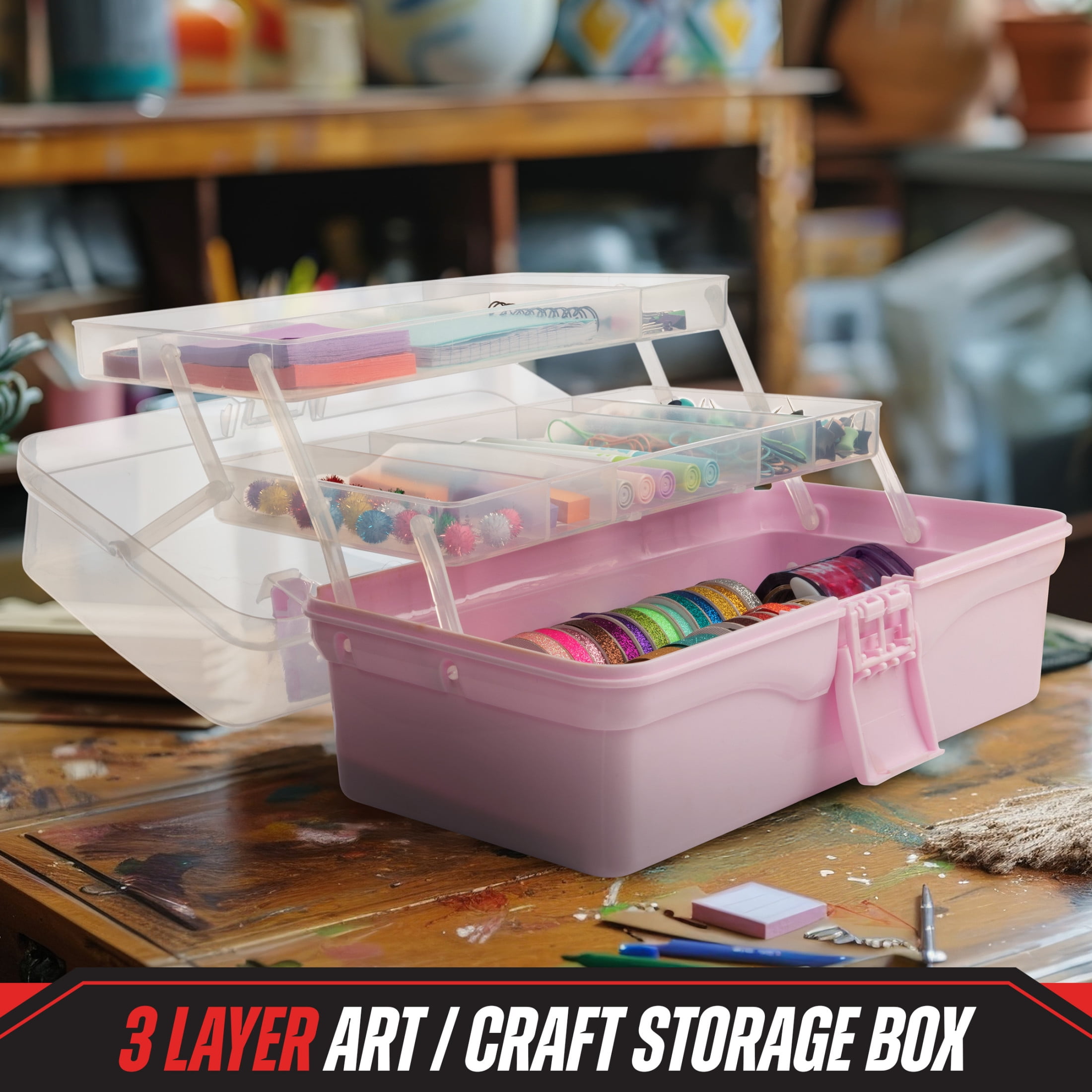 Stalwart 14” Plastic Tackle Box Organizer - 3-Layer Portable Craft Storage Art Caddy, Pink