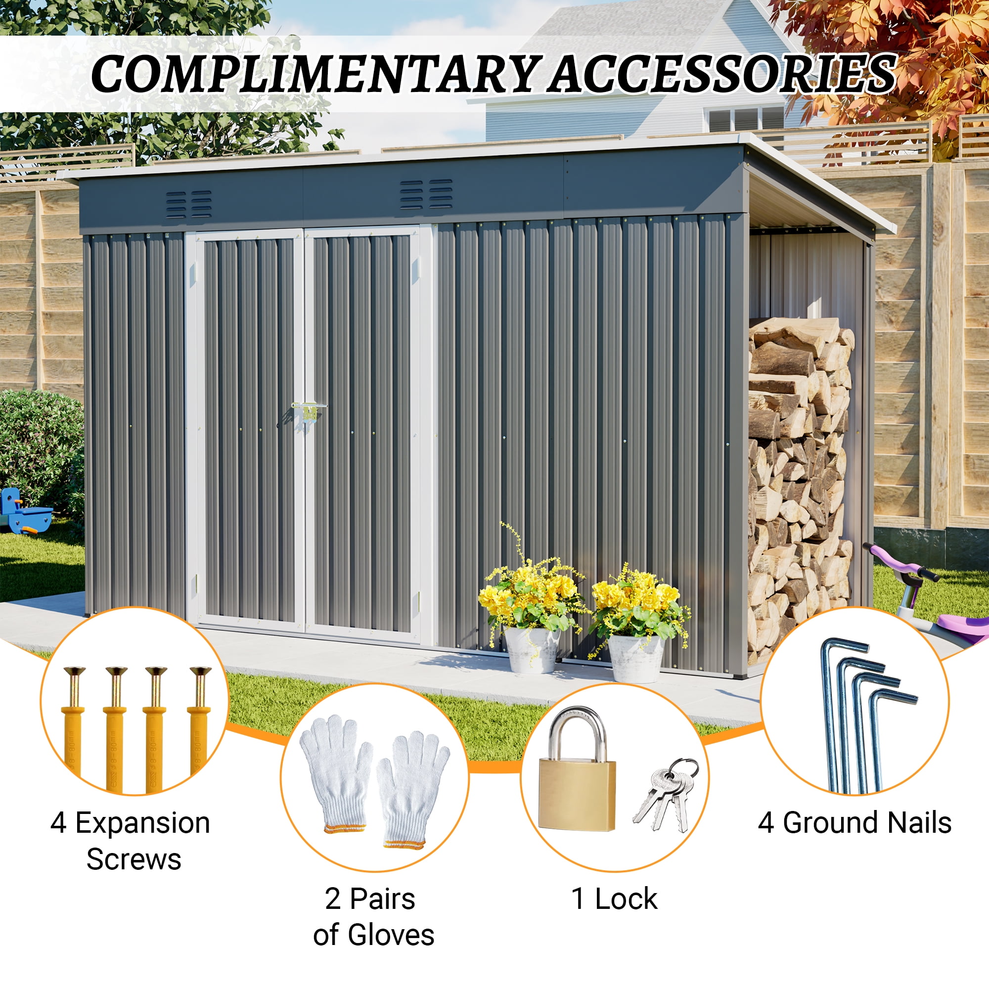 10x4 FT Metal Storage Shed with Open Firewood Bay, Floor Frame, Vents, Outdoor Tool/Garden Shed, Dark Gray
