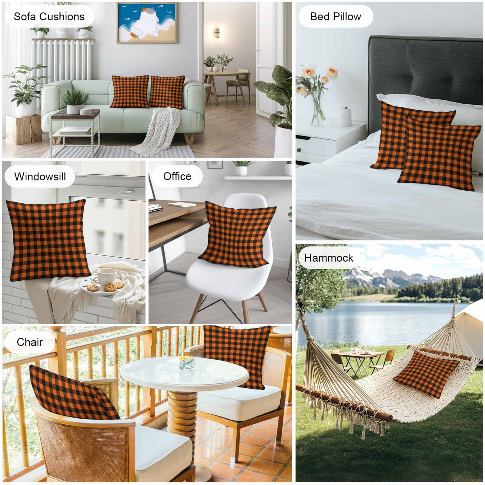 Black Orange Plaid Outdoor Pillow Covers 16x16 Inch Throw Pillow Covers Set of 2 Waterproof Decorative Pillow Cases Farmhouse Buffalo Check Gingham Cushion Covers for Patio Furniture Garden Couch