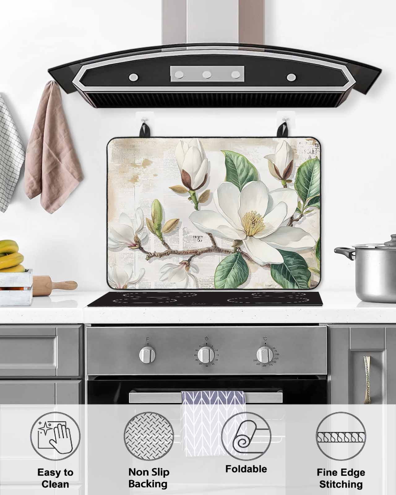 nqOlkjepod Large Induction Cooktop Protector Mat 24"x21", Flowers Leaves Stove Top Covers for Electric Stove, Farmhouse White Botanical Magnolia Retro Stove Burner Cover Mats, Glass Top Stove Cover