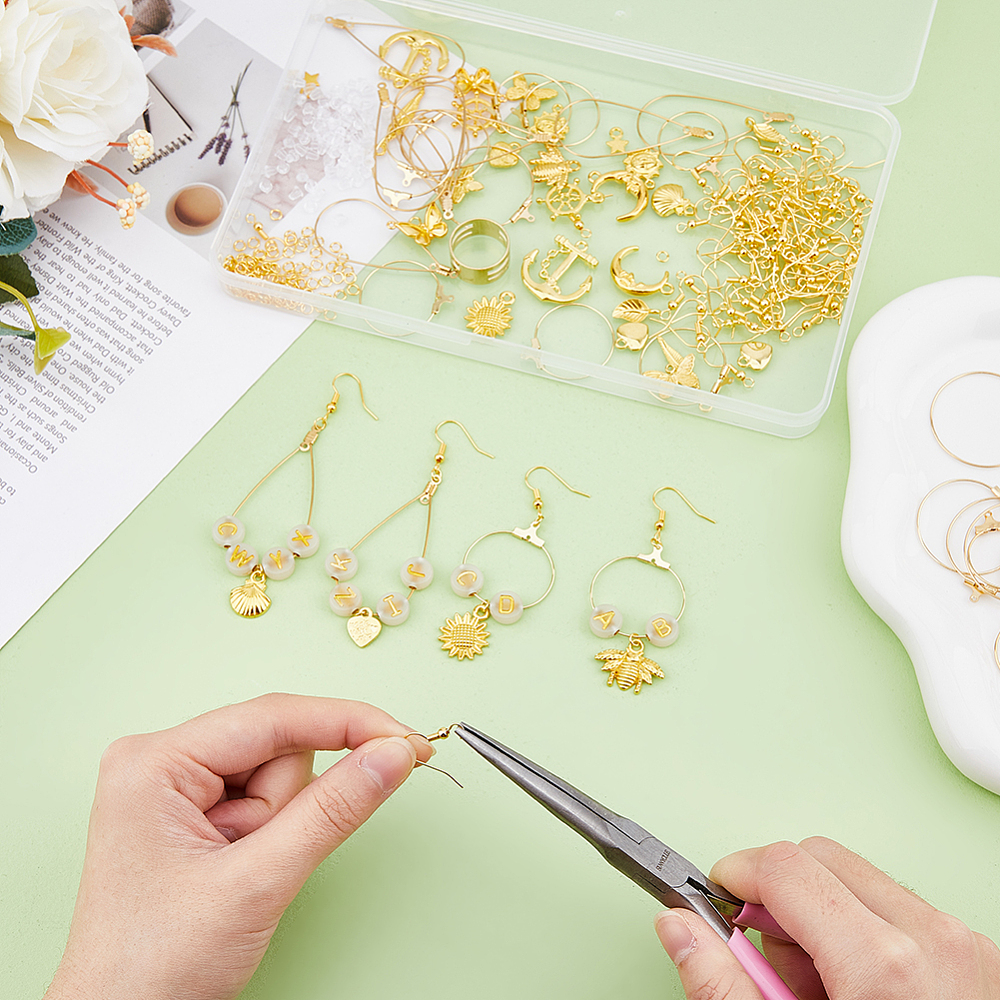 1box Earring Making Kit Including Brass Earring Hooks Alloy & 304 Stainless Steel Wire Pendants Acrylic Letter Beads Pliers Sun & Star & Butterfly & Bees & Heart & Anchor Golden 475pcs/box