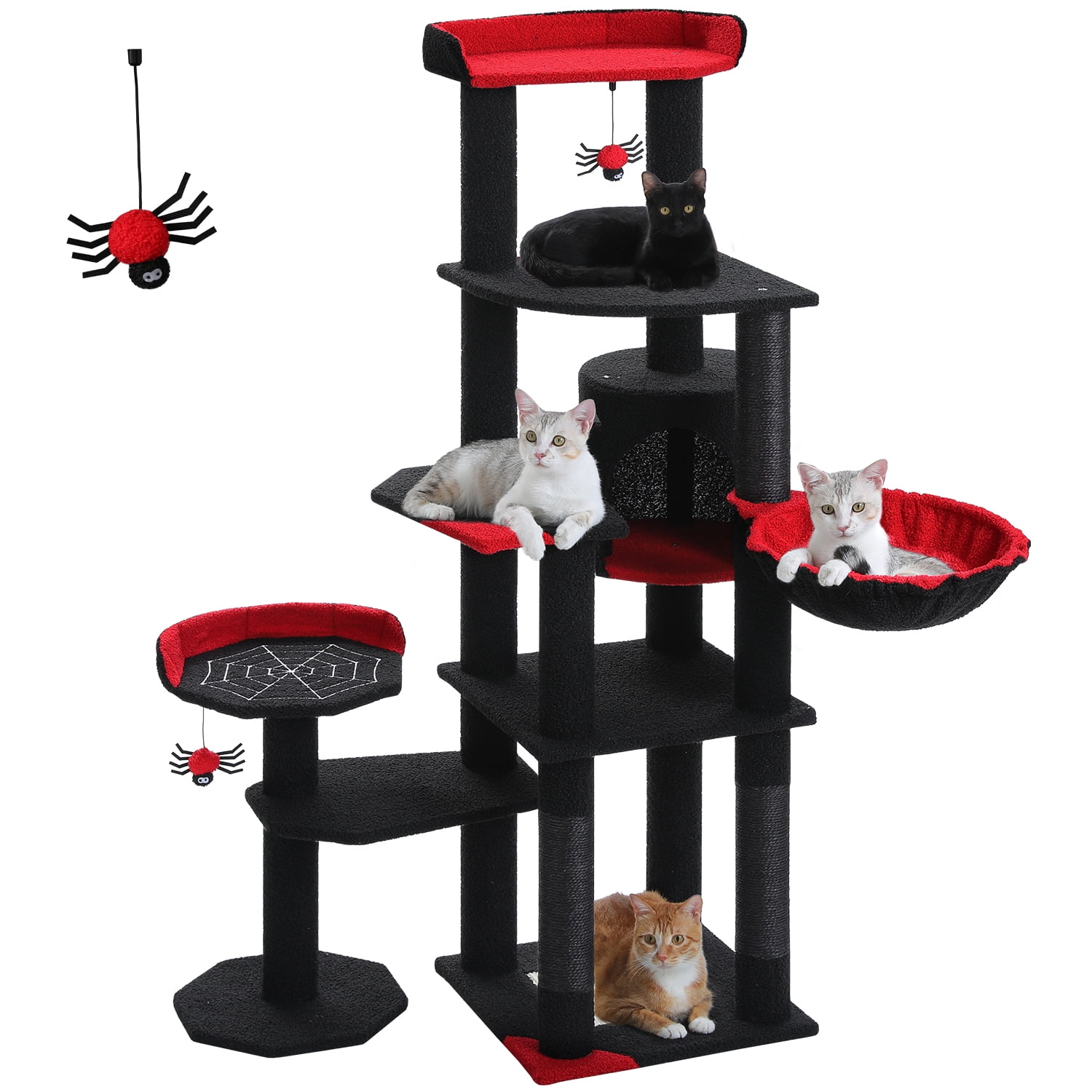 Pefilos 59" Cat Tree Tower for Indoor Cats, Multi-Level Cat Condo with 3 Removable Pompom Sticks, Cat Tree House with Hammock, Scratching Post, and 2 Perches, Black