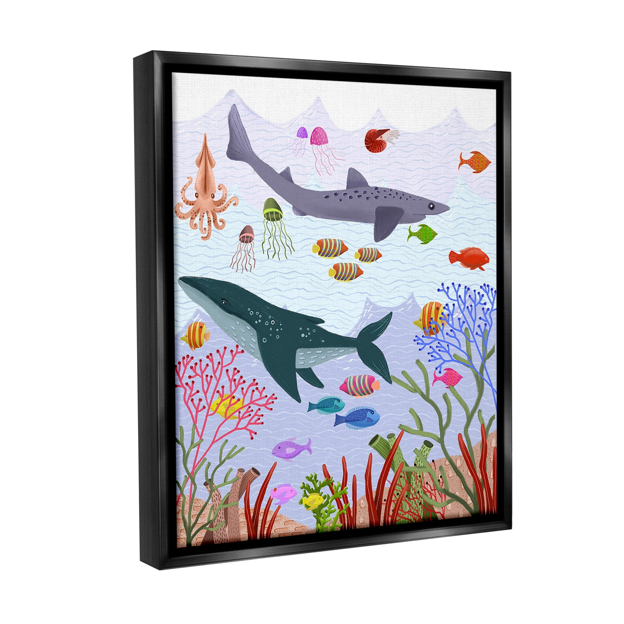 Stupell Industries Underwater Sea Animals Animals & Insects Painting Black Floater Framed Canvas Art Print Wall Art, 17 x 21