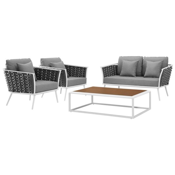 Modern Contemporary Urban Design Outdoor Patio Balcony Garden Furniture Lounge Chair and Sofa Set, Fabric Aluminium, White Grey Gray