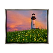 Stupell Industries Lighthouse in Meadow Sunrise Nature Photography Gray Floater Framed Art Print Wall Art, 31 x 25
