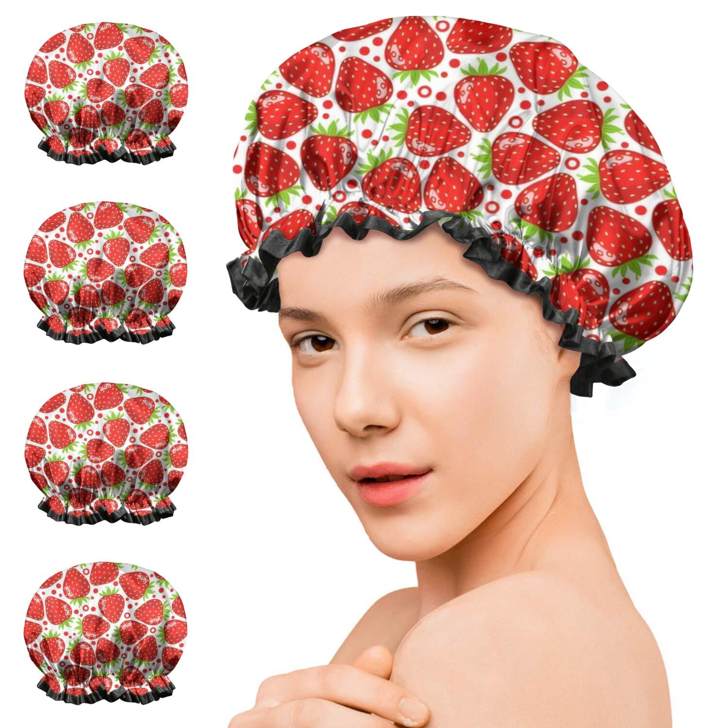 Shower Caps,Red Strawberry Plants Fruit Dot Waterproof Shower Cap for Women 4 Pieces,Double Reusable Hair Cover for Shower PEVA Elastic Stretch Hem