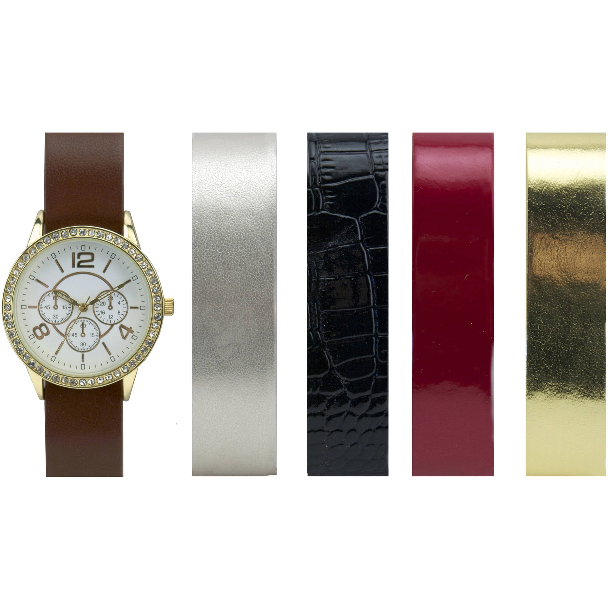 Women's Gold Watch Set with 5 PU Leather Straps