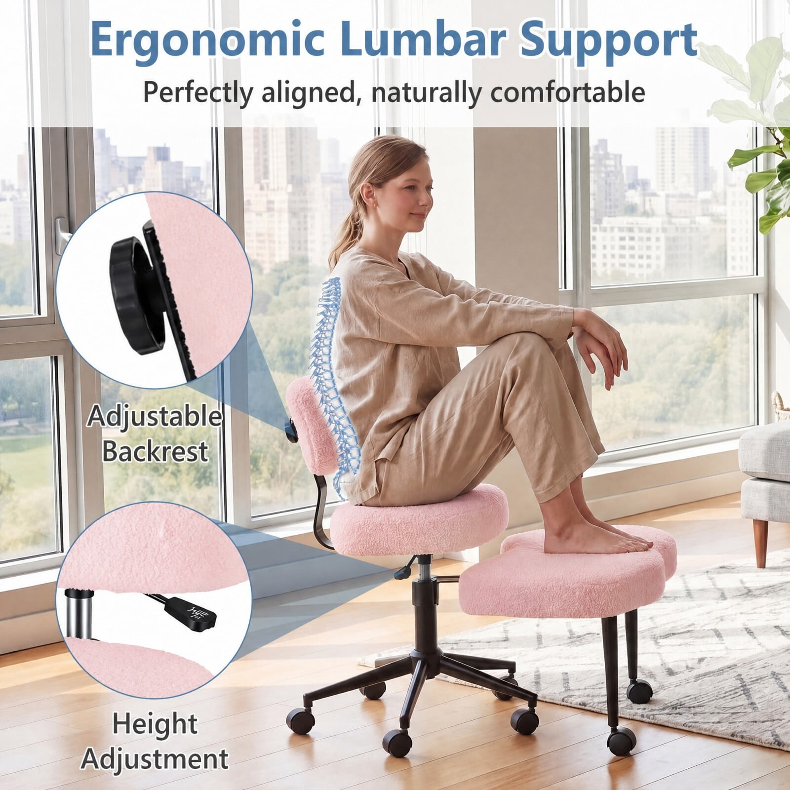 Kelno Cross Legged Meditation Chair with 360° Swivel Footrest Adjustable Backrest Ergonomic Teddy Fleece Office Chair, Pink
