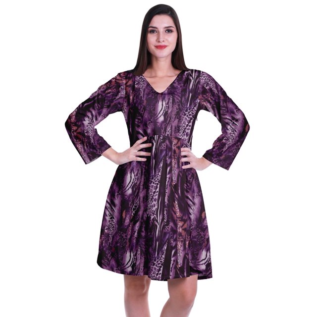 Moomaya Robe Courte Évasée Imprimée de Designer, Manches Longues, Tunique en Velours, Robes pour Femmes