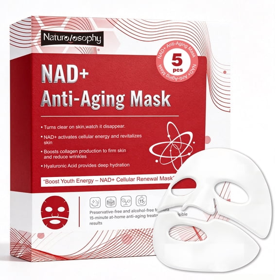 Naturolosophy NAD Hydrogel Face Mask, Anti-Aging Firming Mask with Hyaluronic Acid & Botanical Extracts, 3-4 Hour Hydrating Treatment, 5 Count