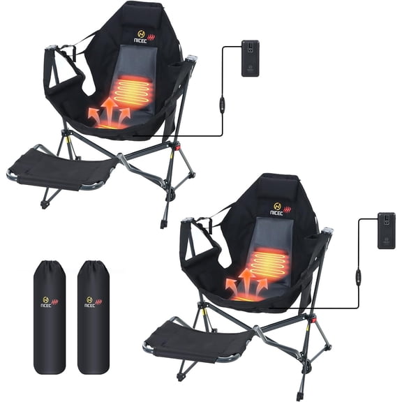 Nice C Hammock Camping Chair, Camping Chair Rocker, Swinging Chair, High Back with Stand, Cup Holder, Side Pocket, Heavy Duty (2, Heat Black W/Footrest)