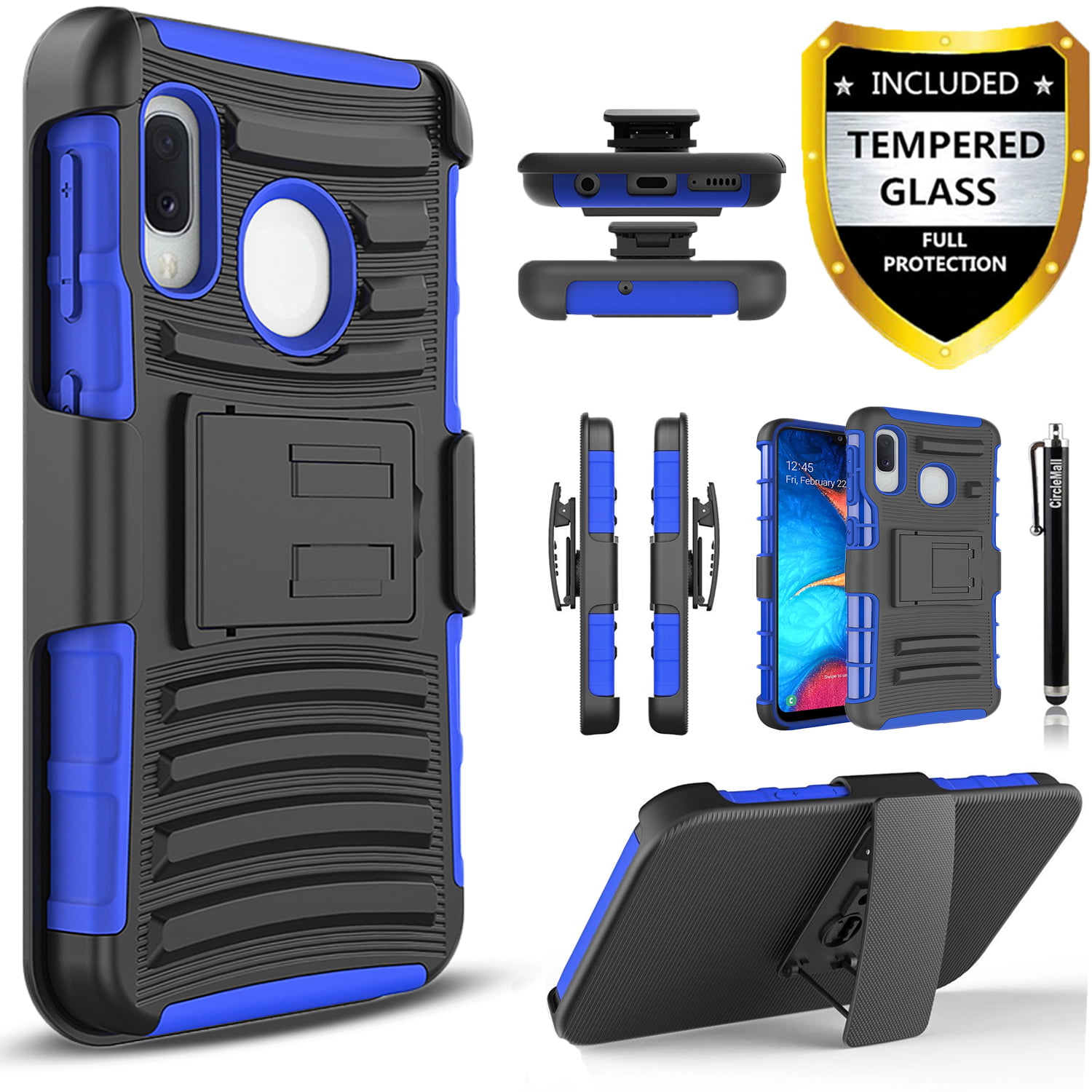 Samsung Galaxy A10e Phone Case, Dual Layers [Combo Holster] And Built-In Kickstand Bundled with [Temerped Glass Screen Protector] Hybird Shockproof And Circlemalls Stylus Pen (Camo)