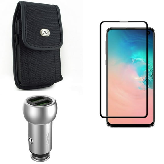 Galaxy S10e Screen Protector w Car Charger w Case Belt Clip - Tempered Glass 5D Curved Edge, 3.6A 2-Port USB Power, Rugged Holster Canvas for Samsung Galaxy S10e Phone